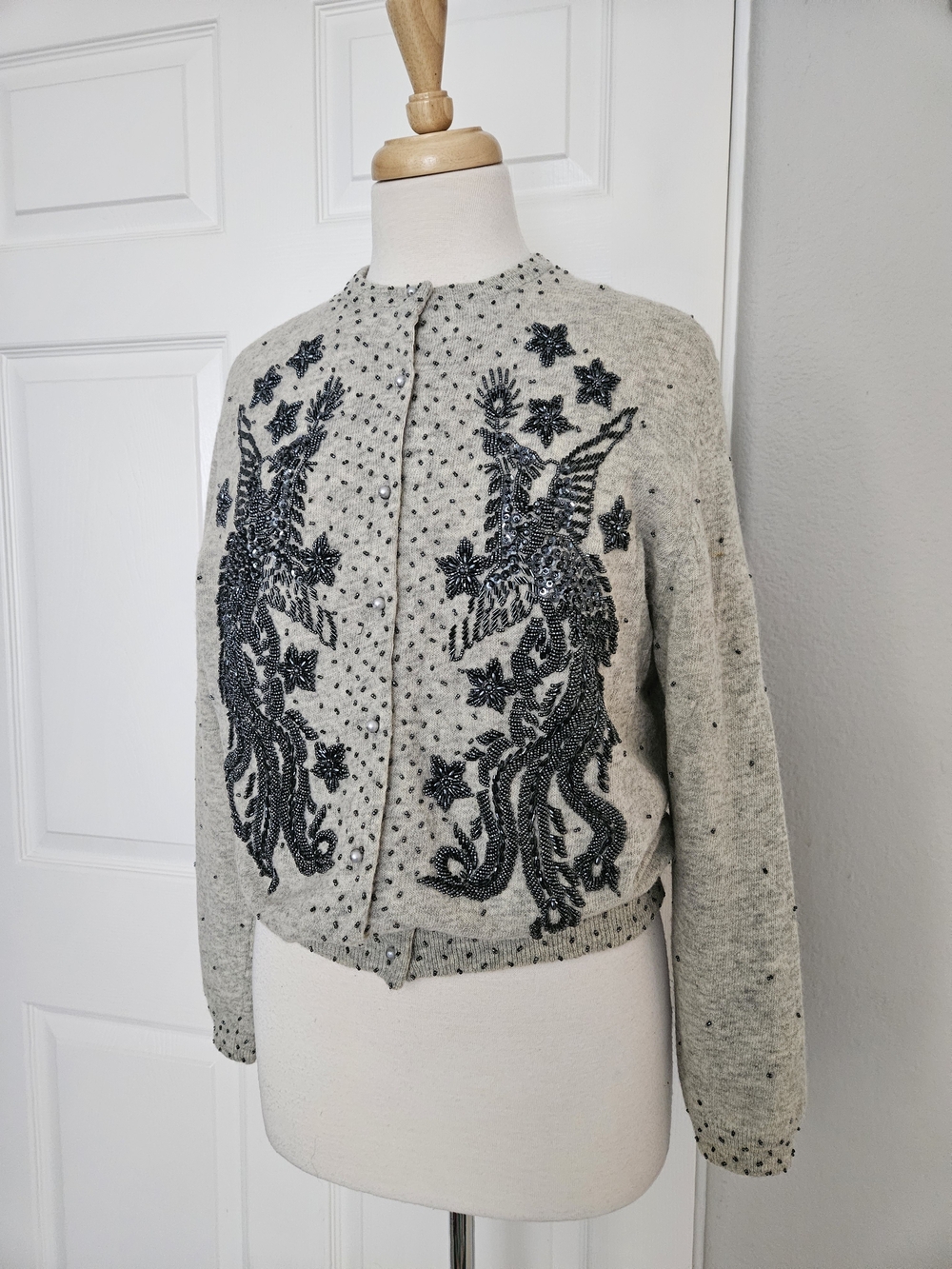 Vintage 1950s Gray Knit Sweater with Gunmetal Beaded Phoenix and Stars